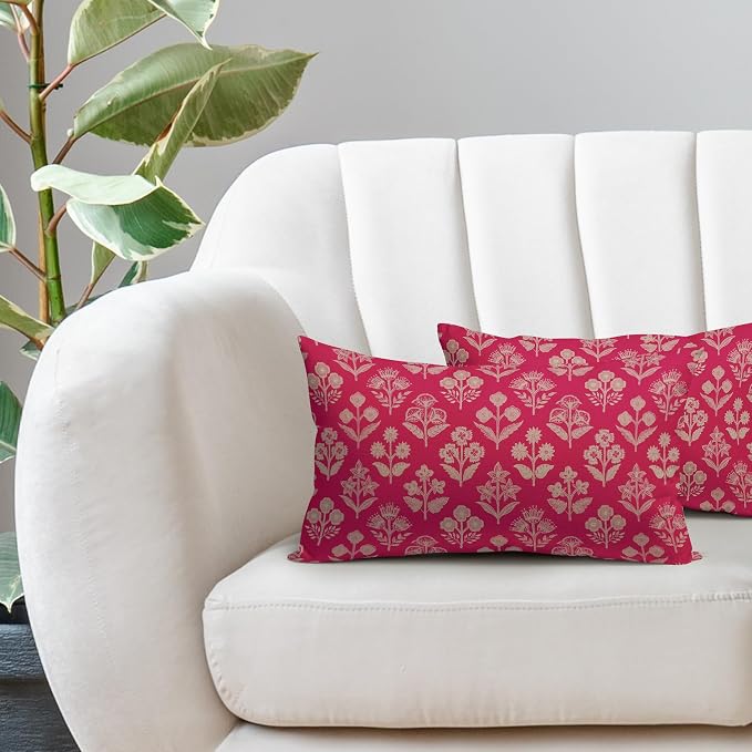 Hot Pink Pillow Covers 12x20 Inch Set of 2, Cream Floral Block Print Pattern - Image 5