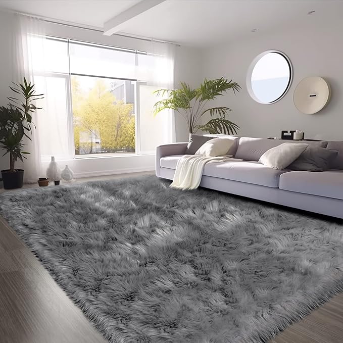 SERISSA Ultra Soft Faux Fur 6x9 Feet Fluffy Shaggy Area Rug Grey Faux Sheepskin by SERISSAHomeDecorCollection