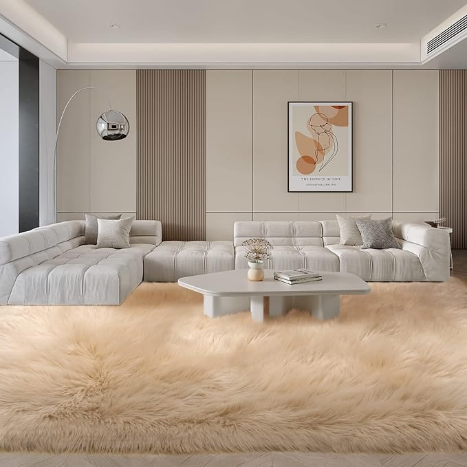 SERISSA Beige Faux Fur Sheepskin Rug 8x10 Feet, Large Fluffy Fuzzy Shaggy Area - Image 2