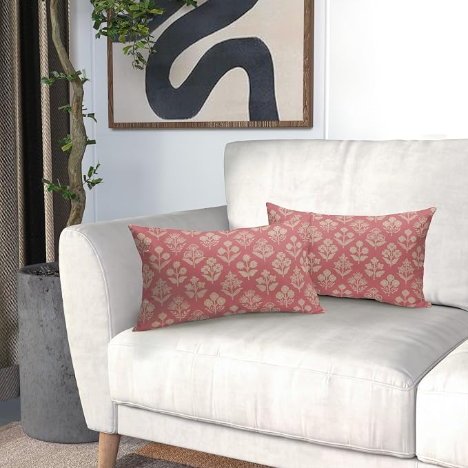 Pink Pillow Covers 12x20 Inch Set of 2, Cream Floral Block Print Pattern Lumbar - Image 6