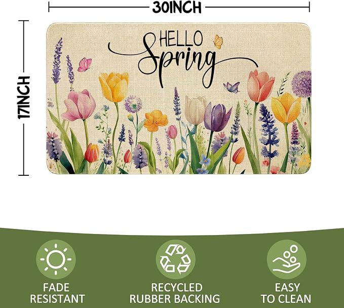 Spring Summer Door Mat, Hello Spring Tulip Lavender Flower Floral Indoor - Image 3