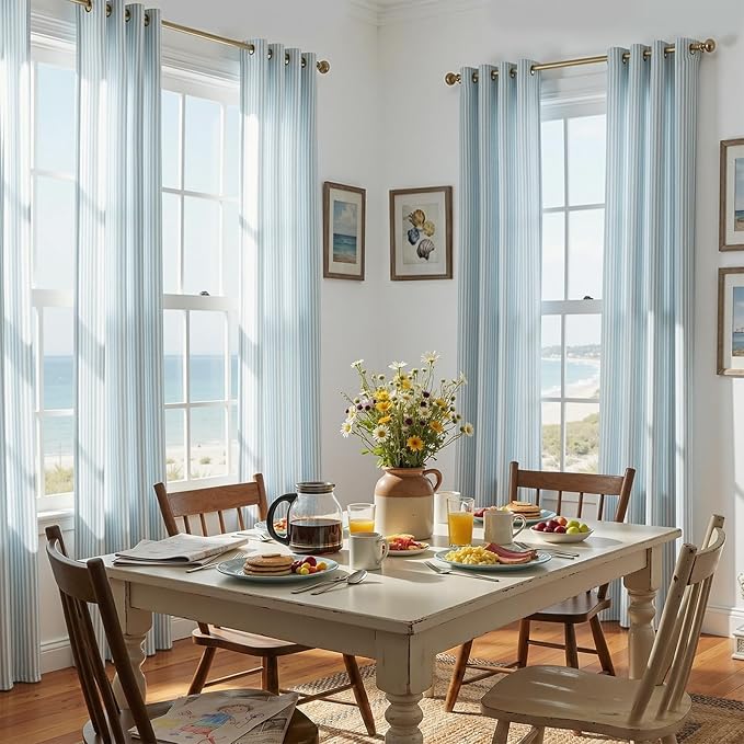jinchan Linen Curtains for Living Room Aqua Blue on White Striped Curtains for - Image 5