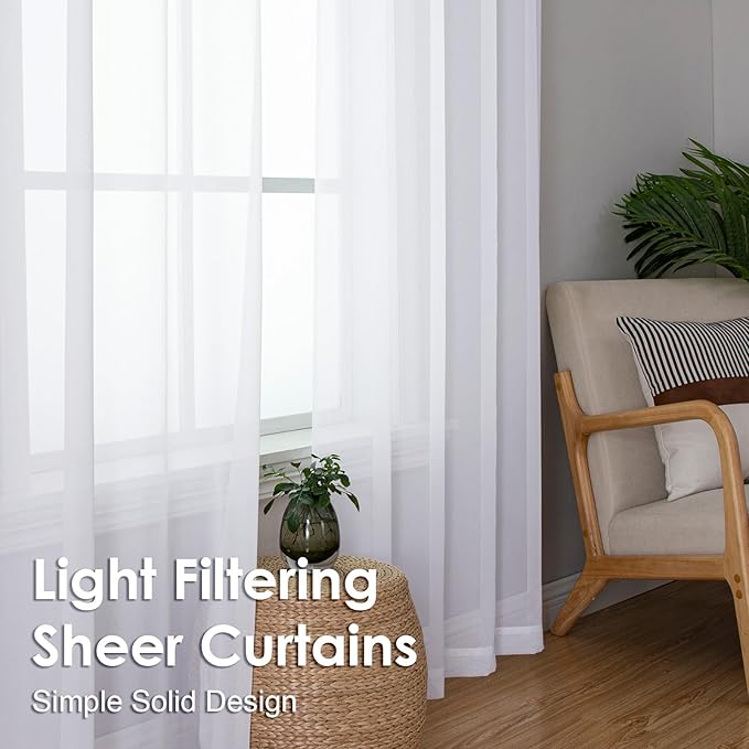 OVZME White Sheer Curtains 45 Inch Long 2 Panels, Rod Pocket Voile Drapes - Image 6