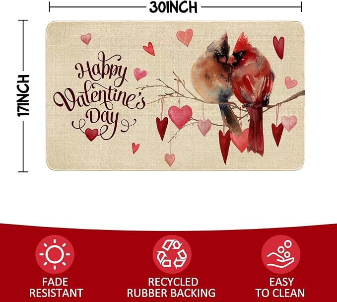 Valentines Day Door Mat, Cardinal Birds Love Hearts Indoor Outdoor Non-Slip - Image 3