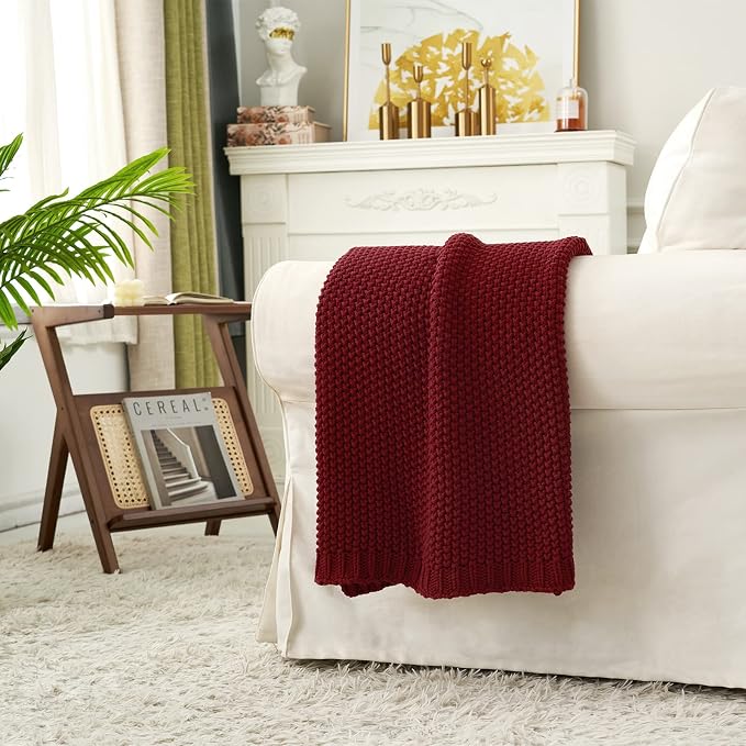 Longhui bedding Chunky Cable Knit Throw Blanket Lightweight Burgundy 100% - Image 2