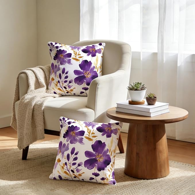 Purple Gold Watercolor Floral Throw Pillow Covers 18x18 Set of 2, Boho Gold - Image 2