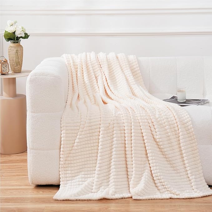 Puncuntex Flannel Fleece Throw Blanket Cream White 50"×60", Super Soft Plush by Puncuntex