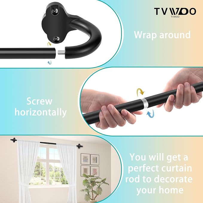 TVWOO Black Wrap Around Curtain Rods:5/8" Small Blackout Adjustable Window - Image 9