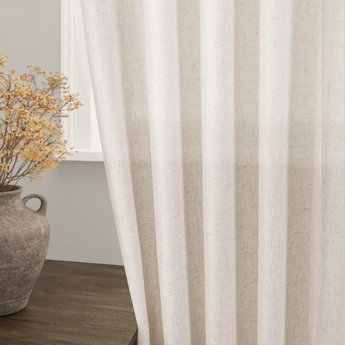 Beige Linen Sheer Curtains 102 Inches 2 Panels Set Back Tab Rod Pocket Extra - Image 2