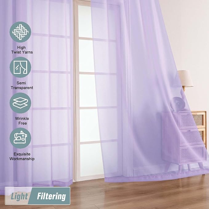 Lavender Sheer Curtains 90 Inches Long 2 Panels, Light Filtering Solid Sheer - Image 5