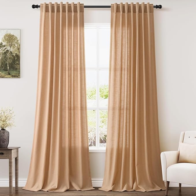 Nanspring Camel Linen Curtains for Living Room 95 Inches Long Back Tab and Rod by Nanspring