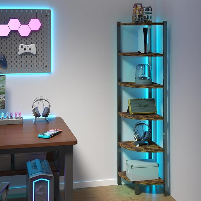 Corner Shelf with LED Lights, 6-Tier Corner Bookshelf, Rustic Brown by Buildyourperfectlife