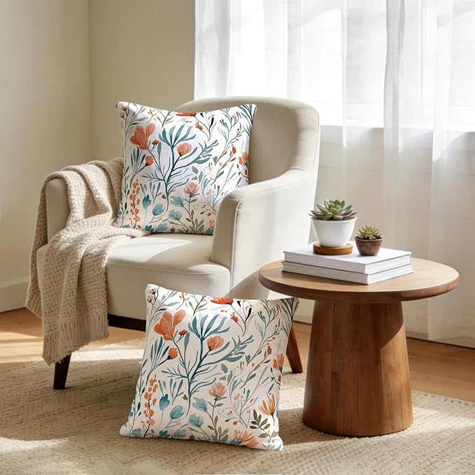 Turquoise Orange Floral Throw Pillows Covers 18x18 in Set of 2, Decorative Teal - Image 2