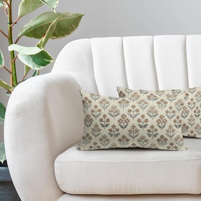 Brown Grey Gray Floral Pillow Covers 12x20 Inch Set of 2, Block Print Lumbar - Image 5
