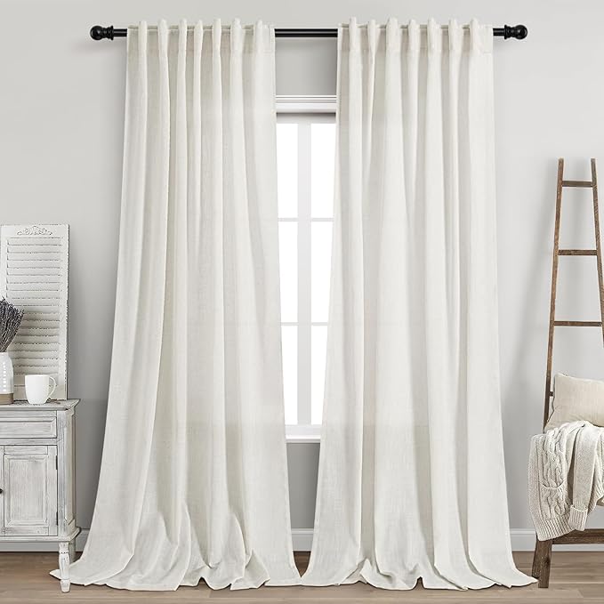 Nanspring Beige White Linen Curtains 102 Inches Long Rod Pocket Back Tab Drapes by Nanspring