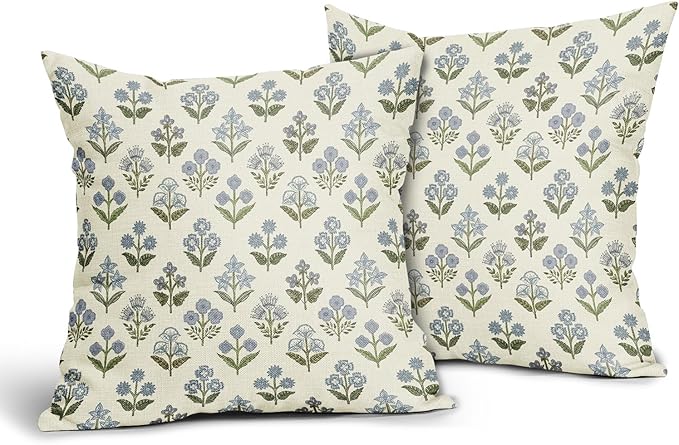 Blue Green Block Print Pillow Covers 18x18 Inch Set of 2, Vintage Floral Spring - Image 2