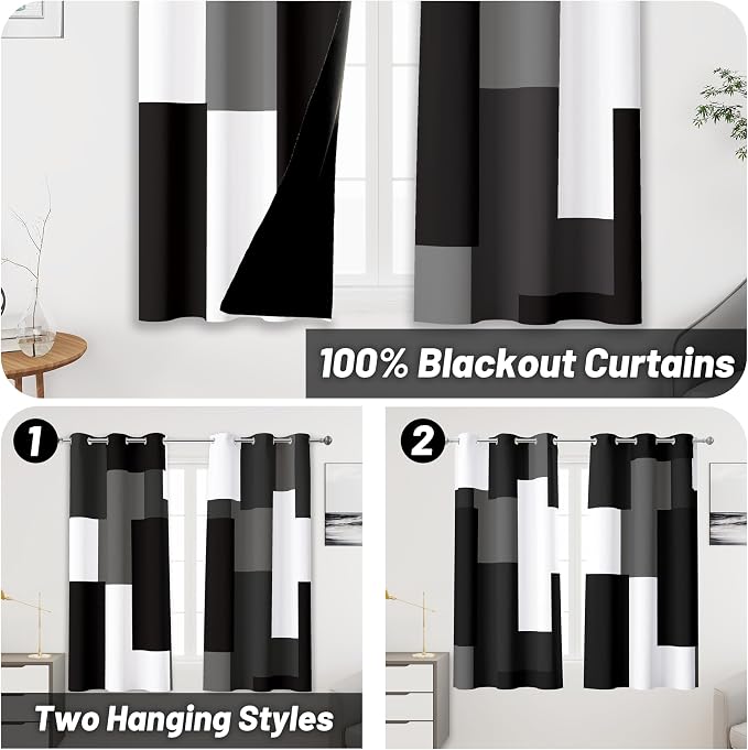 Tyrot Black Grey Short Blackout Curtains 45 inch Length 2 Panels Set White Grey - Image 2