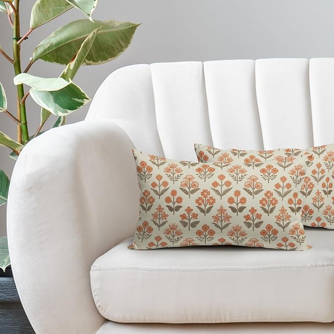 Brown Orange Floral Pillow Covers 12x20 Inch Set of 2, Block Print Lumbar - Image 5
