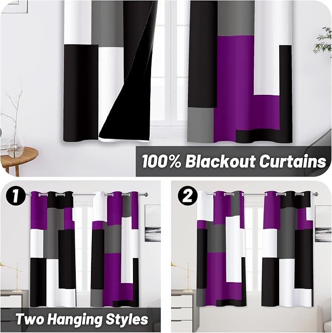 Tyrot Purple 100% Blackout Curtains 45 inch Length 2 Panels Set White Grey - Image 2