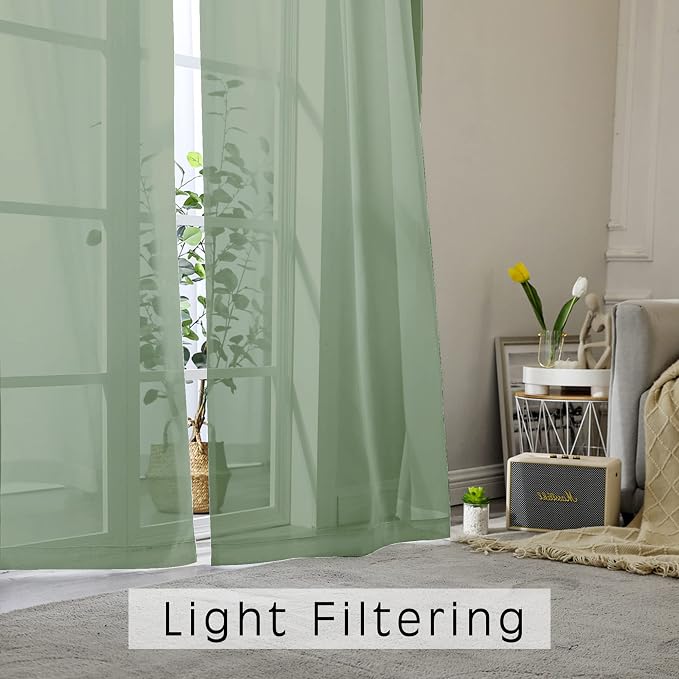 OWENIE Short Sage Green Sheer Curtains 24 Inches Long 2 Panels - Image 2