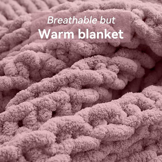 Negwoo Chunky Knit Throw Blanket, Handmade Muted Pink Crochet Big Thick Blanket - Image 3
