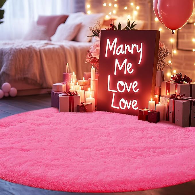 Round 4x4ft Fluffy Hot Pink Rug: Ultra Soft Furry Girls Bedroom Carpet- Oval - Image 4