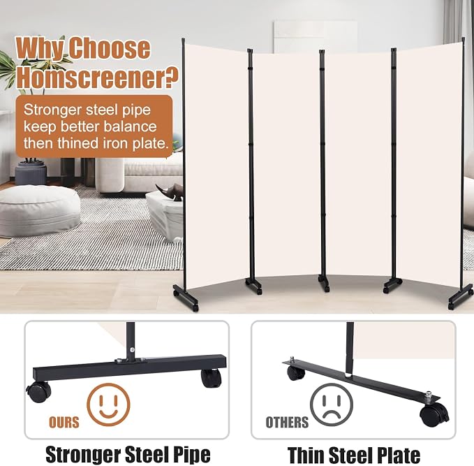 Room Divider Portable 88'' Partition Room Dividers/Wheel, 4 Panel Wall Divider - Image 2
