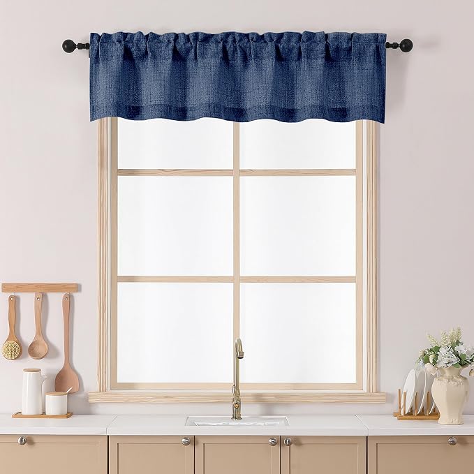 Chyhomenyc Navy Blue Valance for Windows, Light Filtering Faux Linen Slub by Chyhomenyc