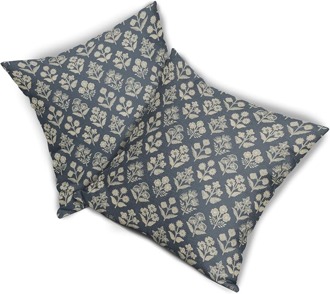 Dusty Blue Floral Block Print Pillow Covers 20x20 Inch Set of 2, Vintage Flower - Image 8