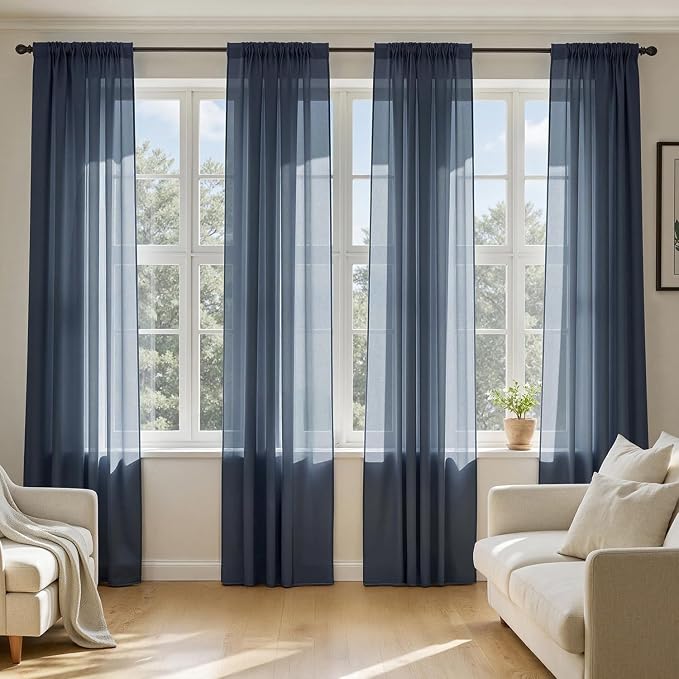 MIULEE Navy Blue Sheer Curtains 90 Inches Long, 4 Panels Set, Light Filtering by MIULEE