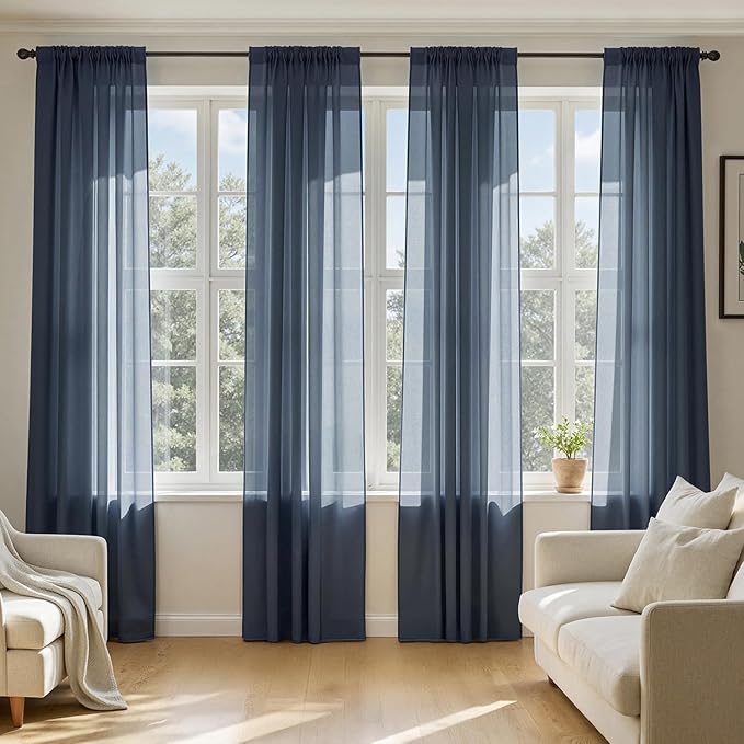 MIULEE Navy Blue Sheer Curtains 96 Inches Long, 4 Panels Set, Light Filtering by MIULEE