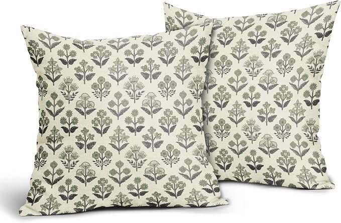 Black Sage Green Floral Block Print Pillow Covers 22x22 Inch Set of 2, Vintage - Image 2