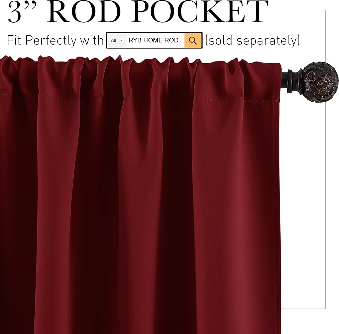 RYB HOME Short Burgundy Red Blackout Curtains - Image 2