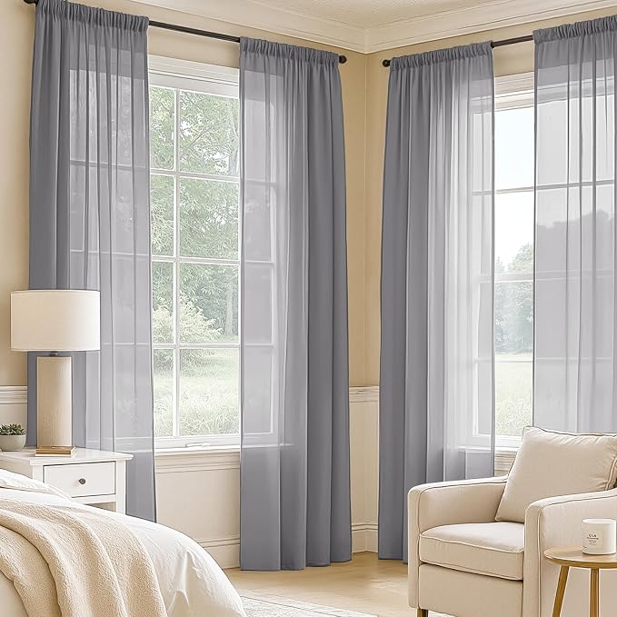 MIULEE Dark Grey Sheer Curtains 108 Inches Long, 4 Panels Set, Rod Pocket Light - Image 2