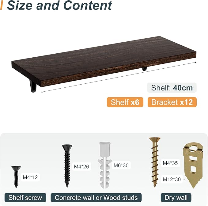 SKYSEN Floating Shelves for Wall Set of 6, 15.7in Wood Wall Shelf for Decor - Image 3