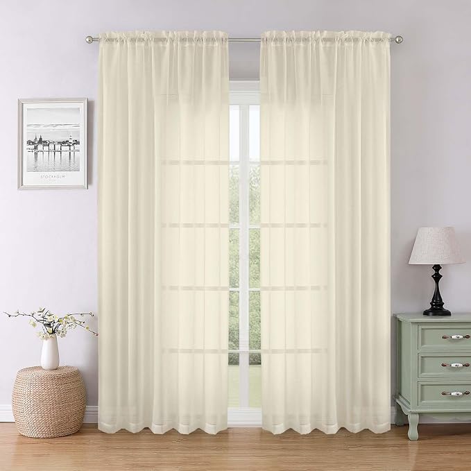 Lecloud Cream Sheer Curtains 84 Inches Long 2 Pcs, Dual Rod Pocket Breathable by Lecloud