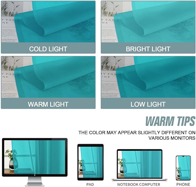 Turquoise Small Sheer Curtains 2 Panels Set, Kitchen Curtains 36 Inch Length - Image 7