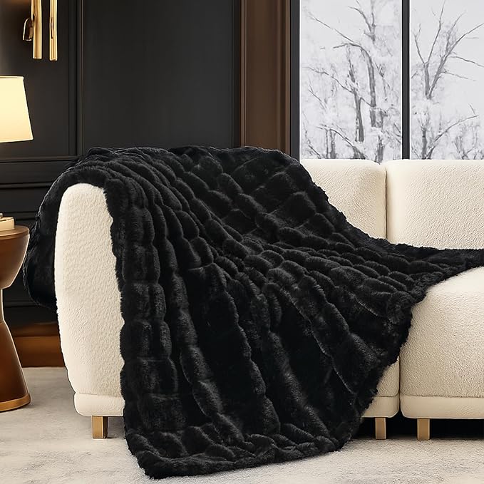 Cozy Bliss Deluxe Sheared Rabbit Faux Fur Throw Blanket, Soft Fuzzy High-Low by CozyBliss