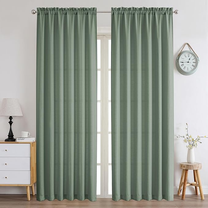 Chyhomenyc Sage Green Curtains 96 Inch Length 2 Panels Set, Faux Linen Textured by Chyhomenyc