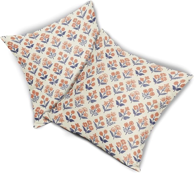 Navy Blue Orange Floral Block Print Pillow Covers 22x22 Inch Set of 2, Fall - Image 8