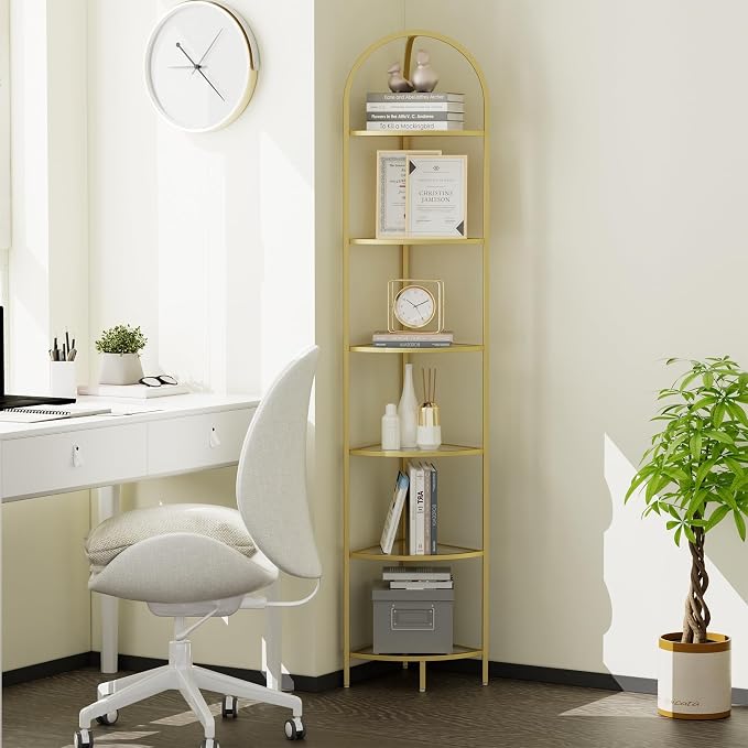 Homhedy 6-Tier Corner Shelf Stand, Metal Corner Bookshelf, Tempered Glass - Image 8