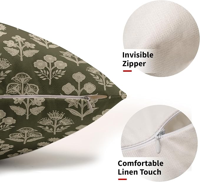 Olive Green Pillow Covers 12x20 Inch Set of 2, Cream Floral Block Print Pattern - Image 2
