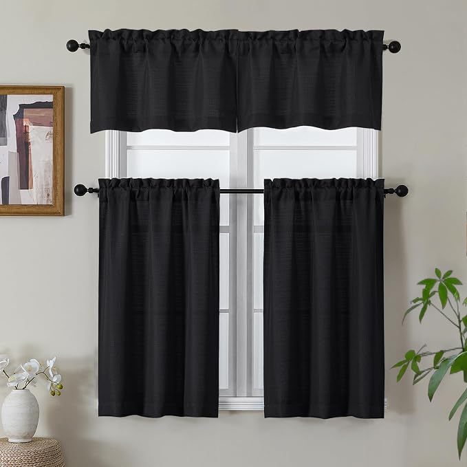 Gwine Black Valance for Windows, Light Filtering Faux Linen Textured Kitchen - Image 2