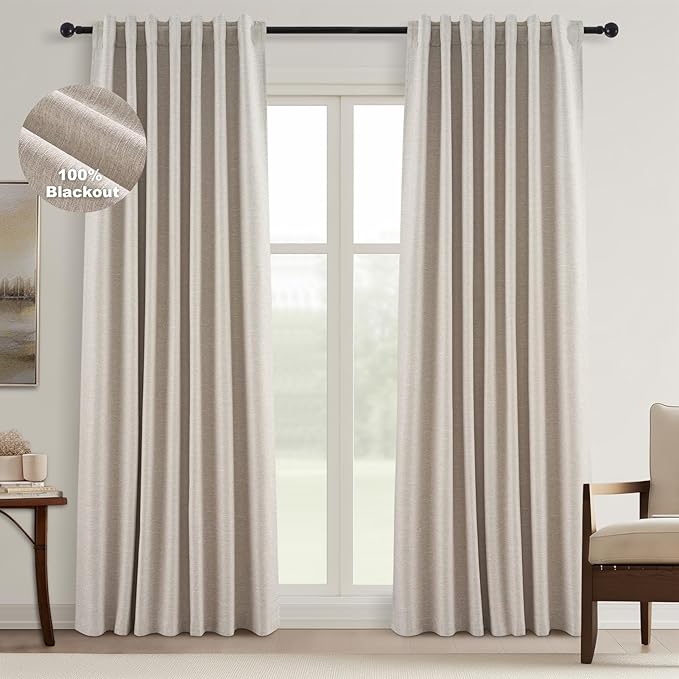 Topfinel Black Out Rustic 96 Inch Long Linen Curtains 2 Panel Set, Modern by Topfinel