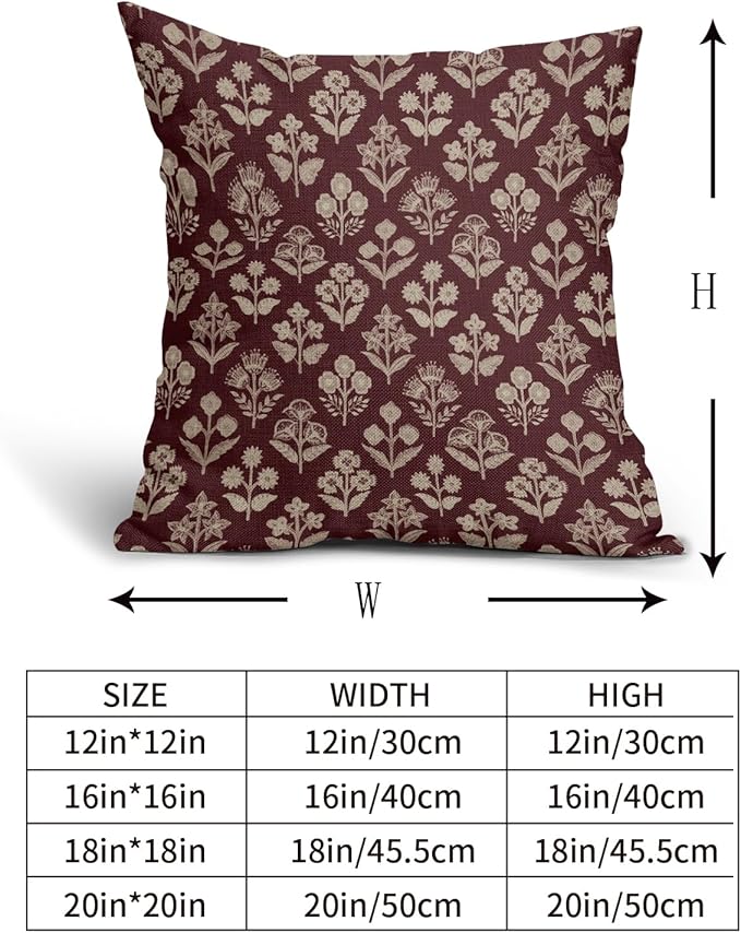 Burgundy Red Floral Block Print Pillow Covers 20x20 Inch Set of 2, Vintage - Image 5