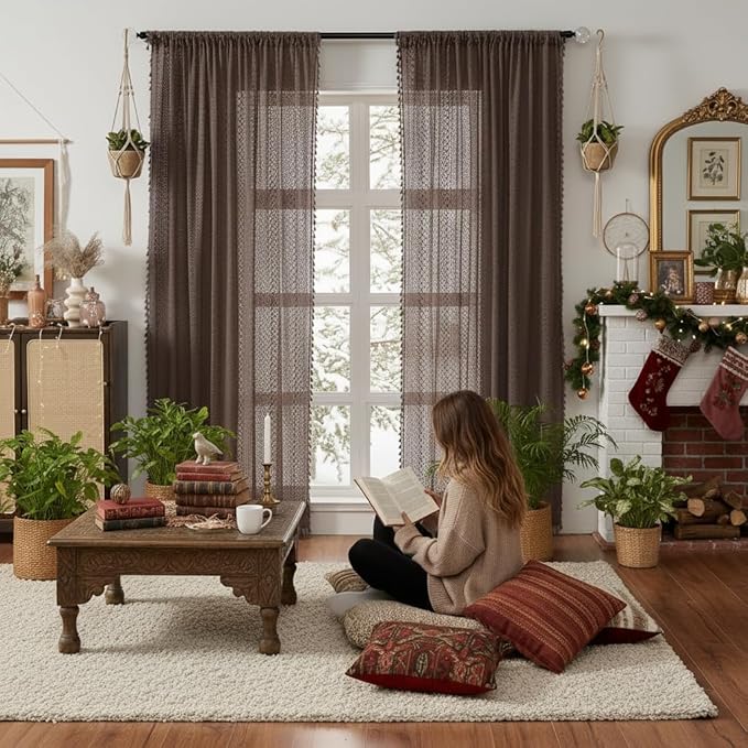 WAZZIO Boho Lace Curtains 84 Inches 2 Panel, Light Filtering Privacy Tassel & by WAZZIO