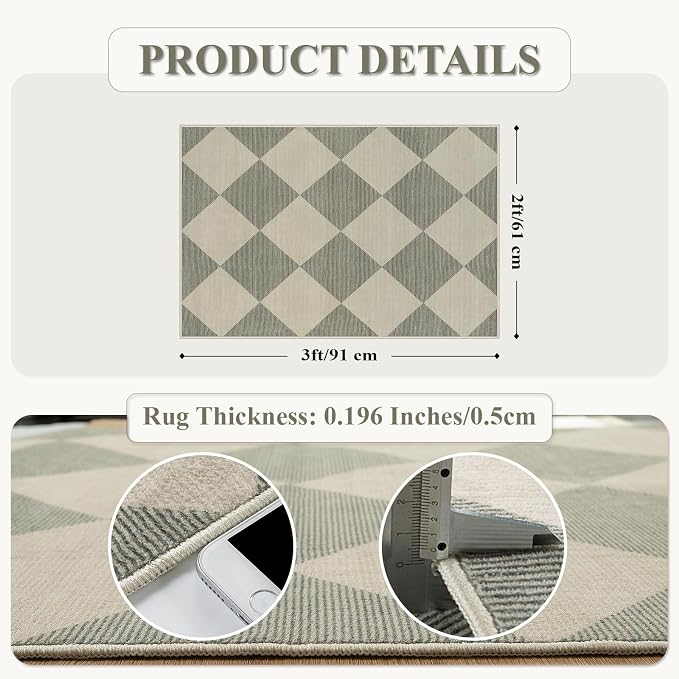 Beeiva Checkered Washable Entryway Rug 2x3, Non Slip Ultra Thin Green Front - Image 2