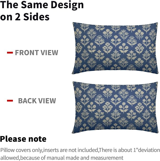 Blue Pillow Covers 12x20 Inch Set of 2, Cream Floral Block Print Pattern Lumbar - Image 4