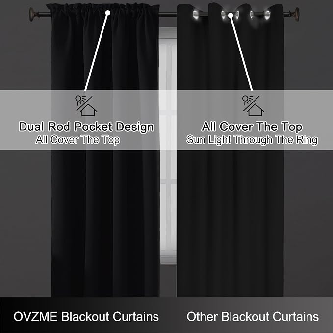 OVZME Black Blackout Curtains for Bedroom 96 Inches Long 2 Panels, Soft Fabric - Image 6
