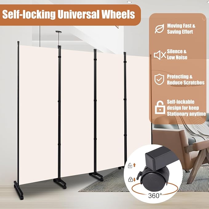 Room Divider Portable 88'' Partition Room Dividers/Wheel, 4 Panel Wall Divider - Image 4